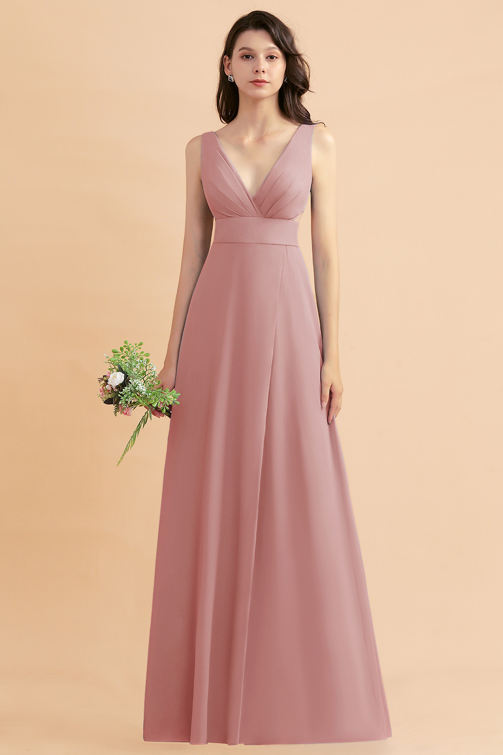 BMbridal A-Line Dusty Blue Chiffon Ruffles Bridesmaid Dress with Slit-BMbridal