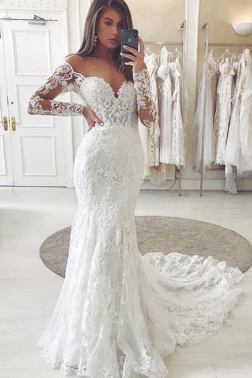 BMbridal Long Sleeves Mermaid Wedding Dress Lace V-Neck Bridal Gowns-BMbridal