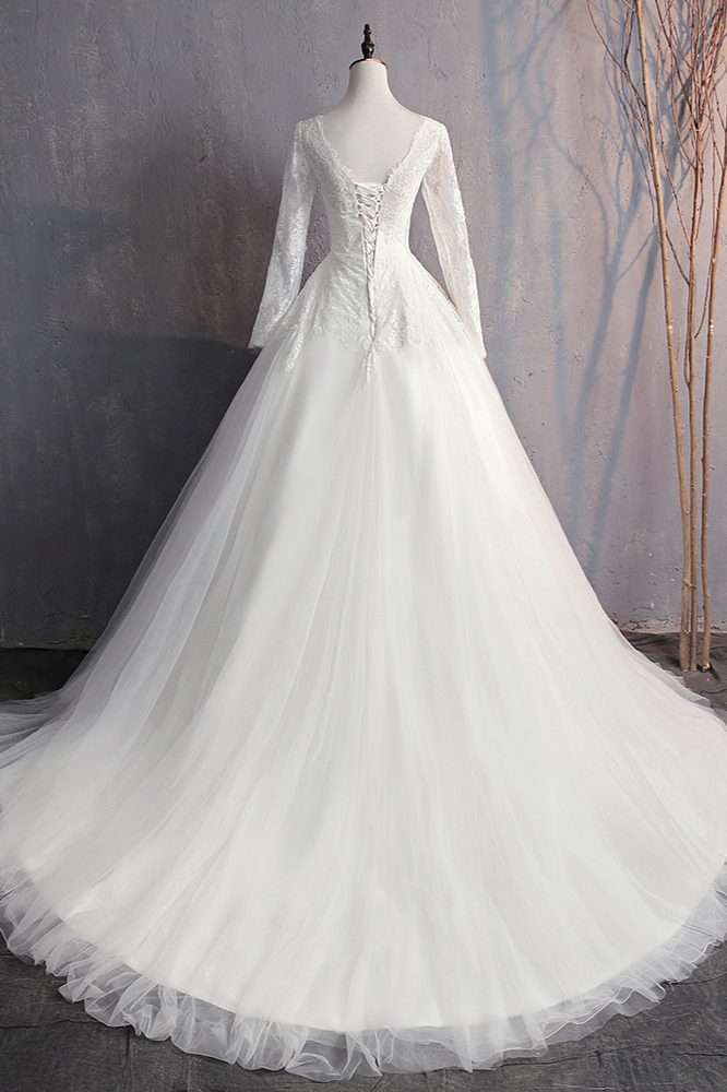 BMbridal Glamorous Jewel White Tulle Lace Wedding Dress Long Sleeves Appliques Bridal Gowns On Sale-BMbridal