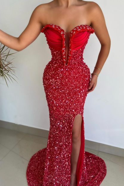 Red Sweetheart Mermaid Slit Prom Dress Sequins Long With Pearls