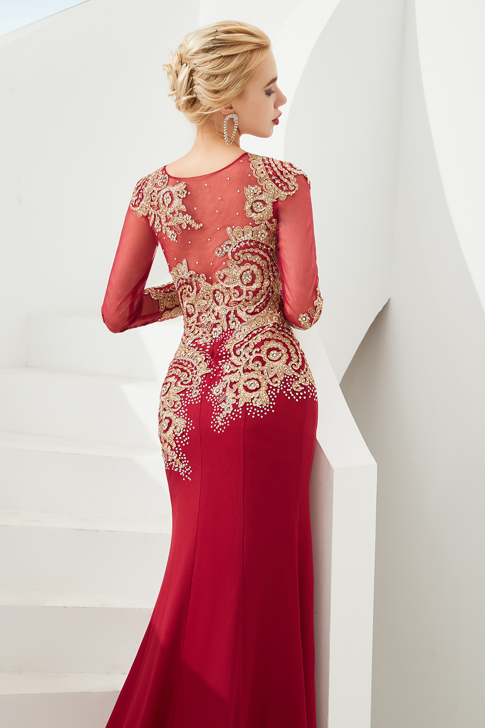 BMbridal Burgundy Long Sleeve Mermaid Prom Dress With Gold Appliques Online