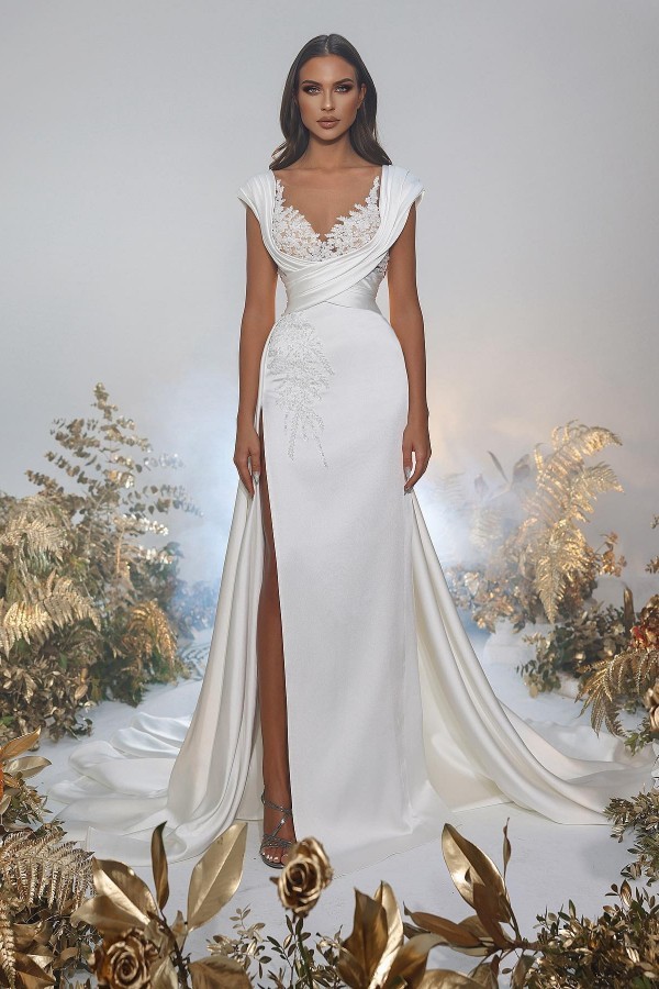Bmbridal Cap Sleeves Mermaid Wedding Dress Long With Split-BMbridal