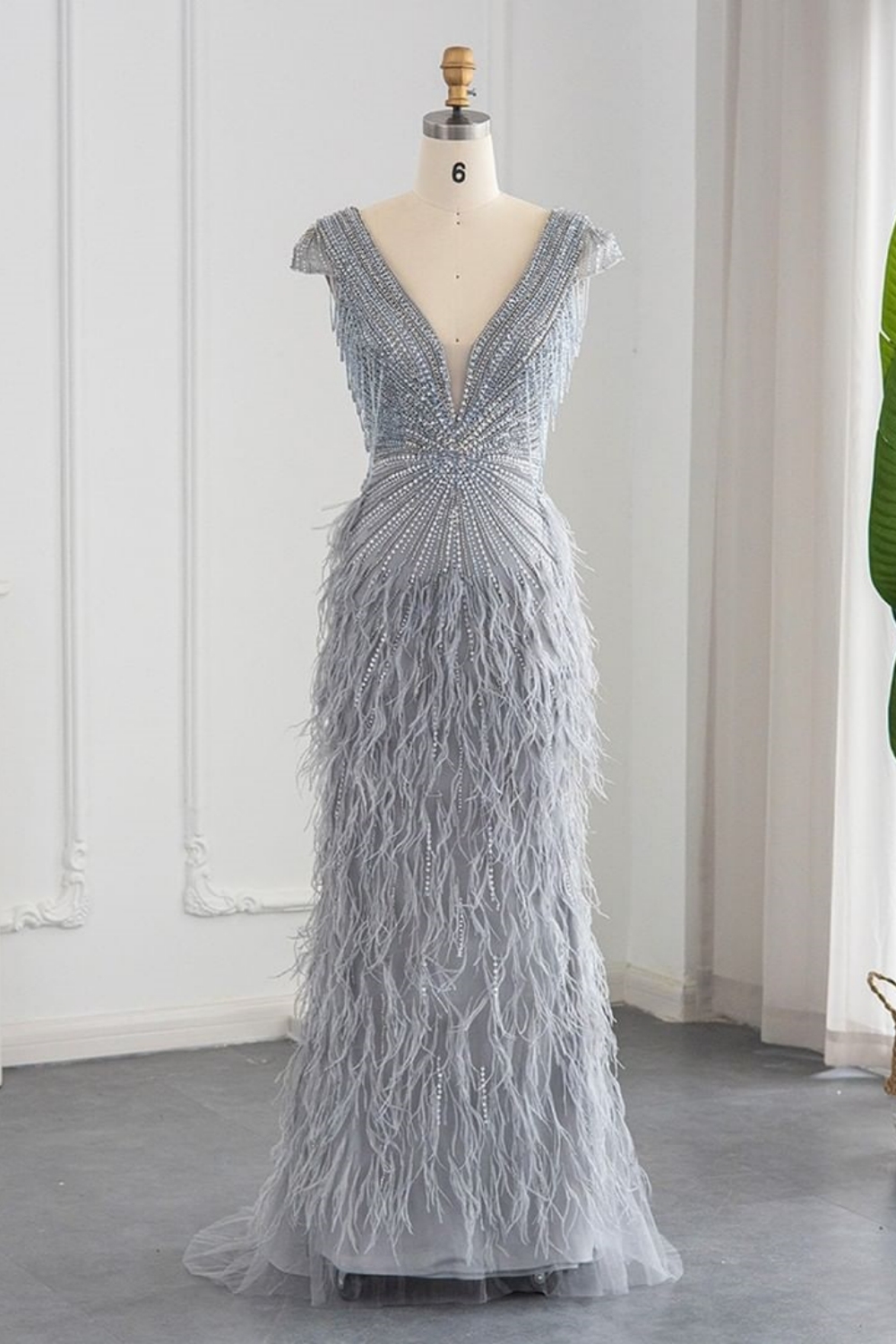 Bmbridal A-Line V-Neck Cap Sleeves Tulle Floor-Length Prom Dresses with Lace