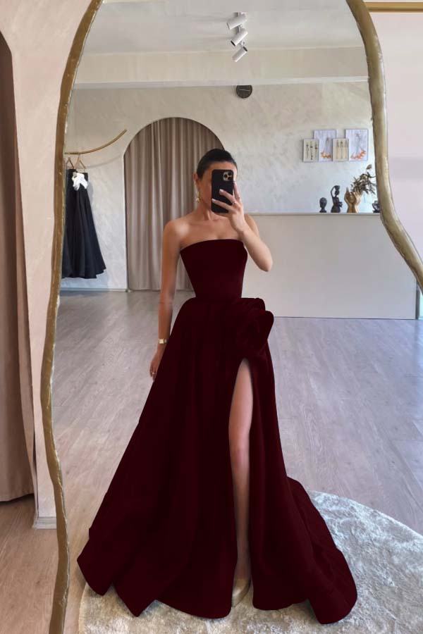 Strapless Sleeveless Long A Line Prom Dress With Split Pleated
