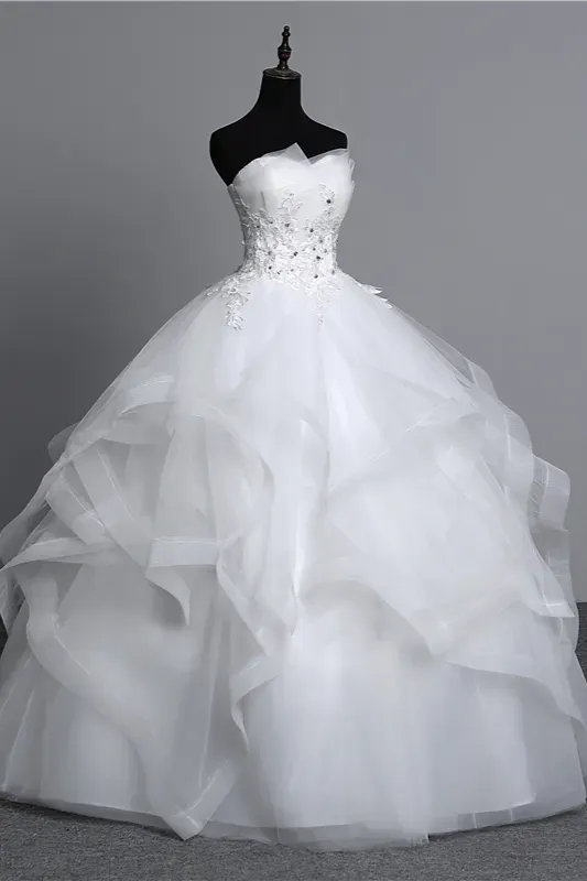 Gorgeous Strapless Tulle Layers Long Ball Gown Wedding Dress with Appliques Beadings