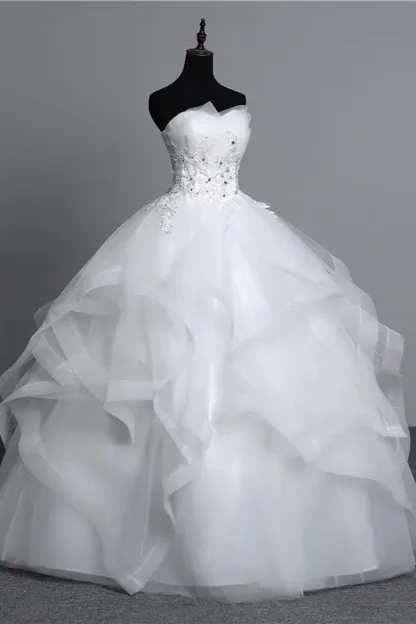 Gorgeous Strapless Tulle Layers Long Ball Gown Wedding Dress with Appliques Beadings