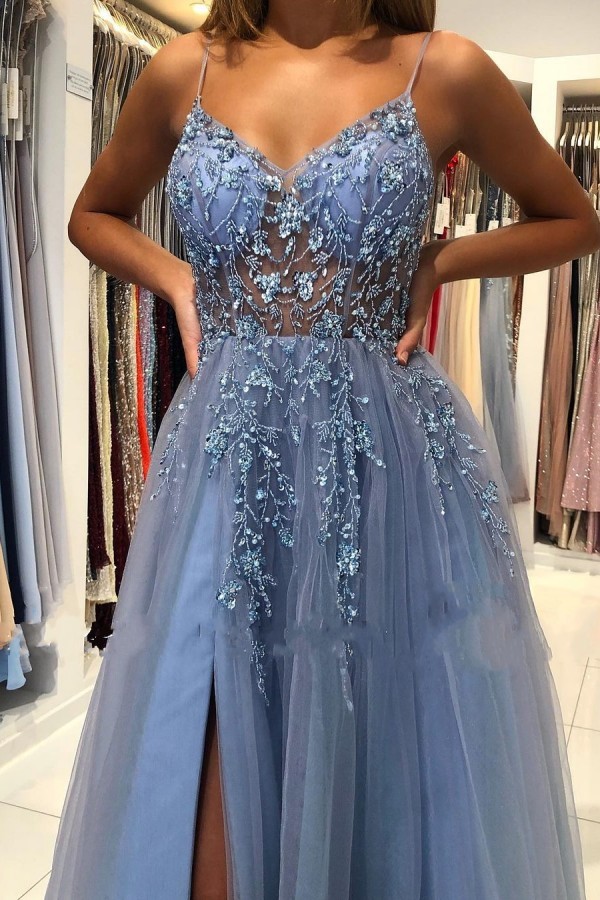 Bmbridal Blue Spaghetti-Straps Prom Dress Tulle Slit Evening Dress With Beads