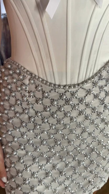 Strapless Pearl Rhinestone Grid Corset Homecoming Dress Sweetheart Bodycon Mini