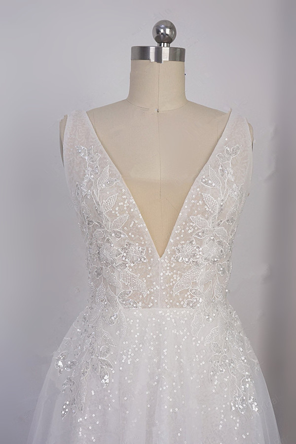 BMbridal Sparkly Sequined V-Neck Wedding Dress Tulle Sleeveless Beadings Bridal Gowns On Sale-BMbridal