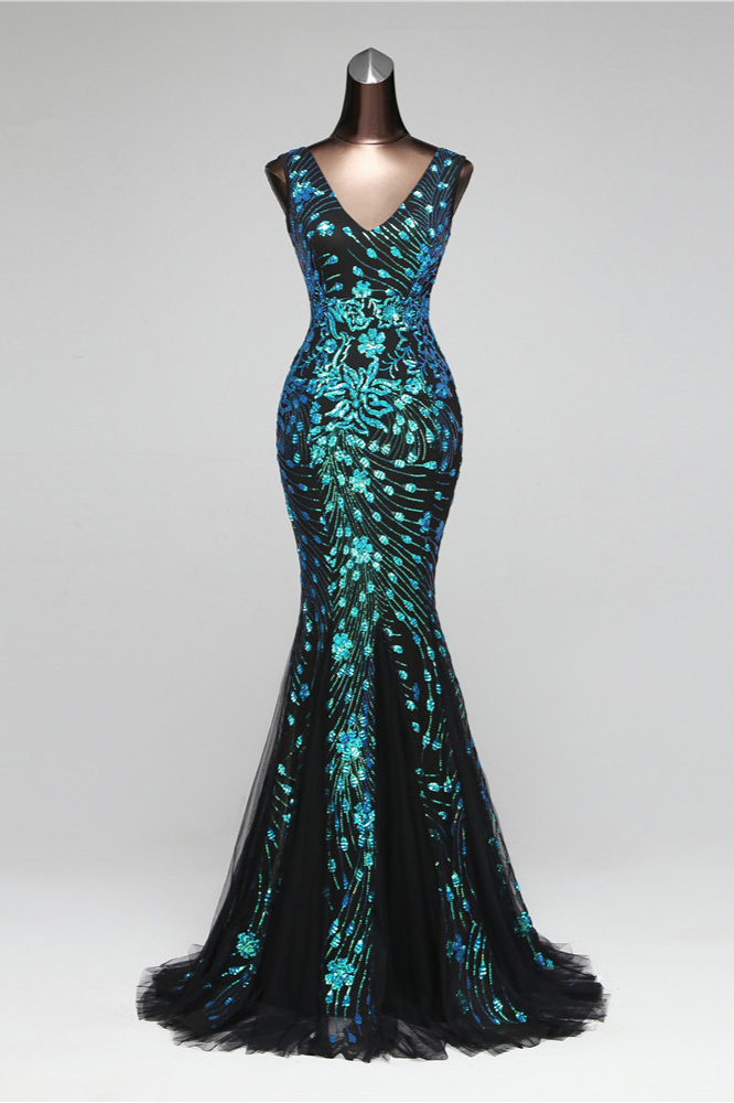 BMbridal Luxury Tulle V-Neck Sleeveless Mermaid Prom Dress with Sequins