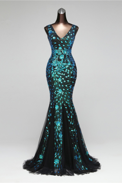 BMbridal Luxury Tulle V-Neck Sleeveless Mermaid Prom Dress with Sequins