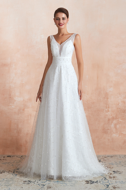 BMbridal Fantastic V-Neck Sleeveless White Appliques Wedding Dress With Pearls