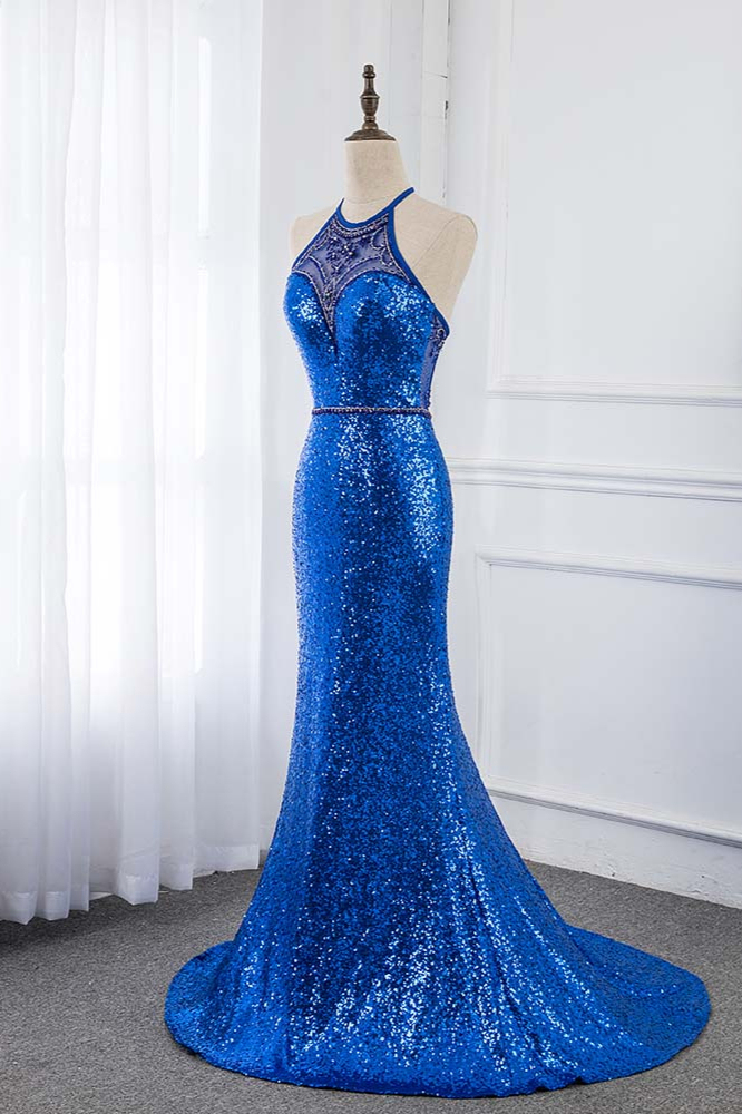 BMbridal Sparkly Sequined Halter Sleeveless Royal Blue Prom Dresses with Beadings