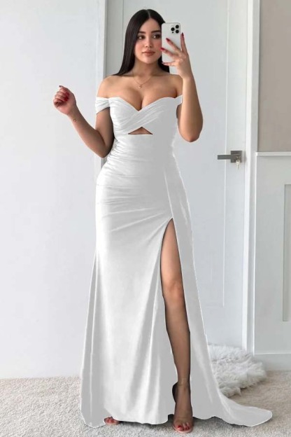 Off the Shoulder Sleeveless Long Split Prom Dress With Pleated