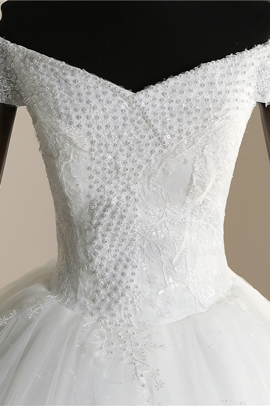 BMbridal Affordable Off-the Shoulder Sweetheart Tulle Wedding Dress Appliques Sleeveless Bridal Gowns with Pearls-BMbridal