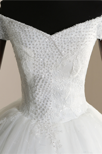 BMbridal Affordable Off-the Shoulder Sweetheart Tulle Wedding Dress Appliques Sleeveless Bridal Gowns with Pearls-BMbridal