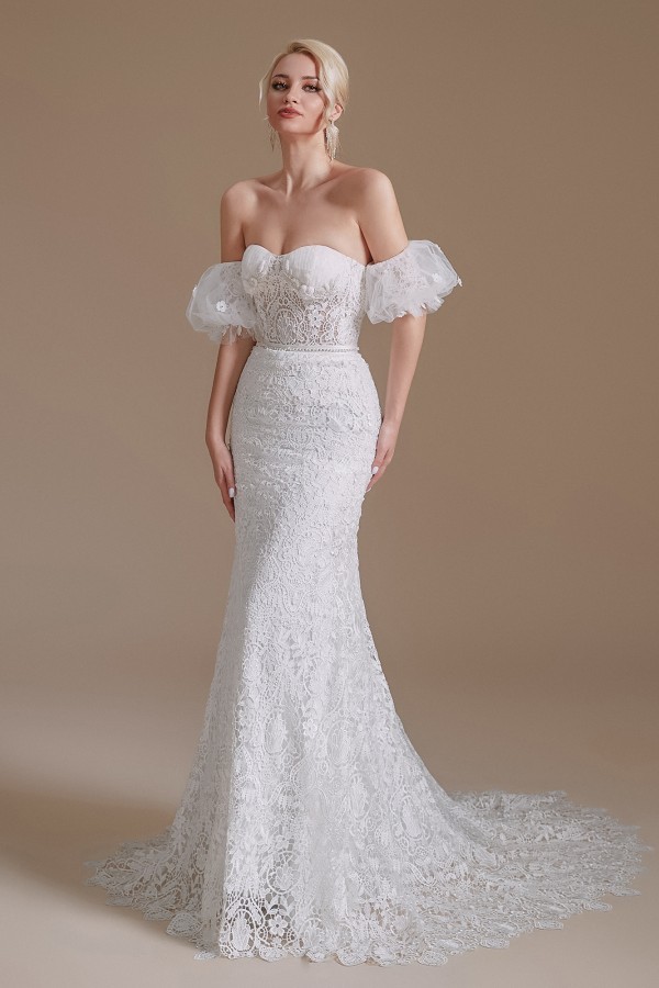BMbridal Detachable Bubble Sleeves Lace Wedding Dress Mermaid Long-BMbridal
