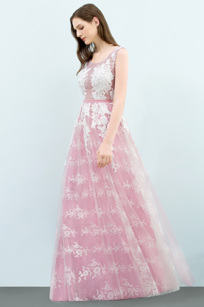 BMbridal Elegant Pink Sleeveless Prom Dress Tulle Long Evening Gowns With Lace Appliques