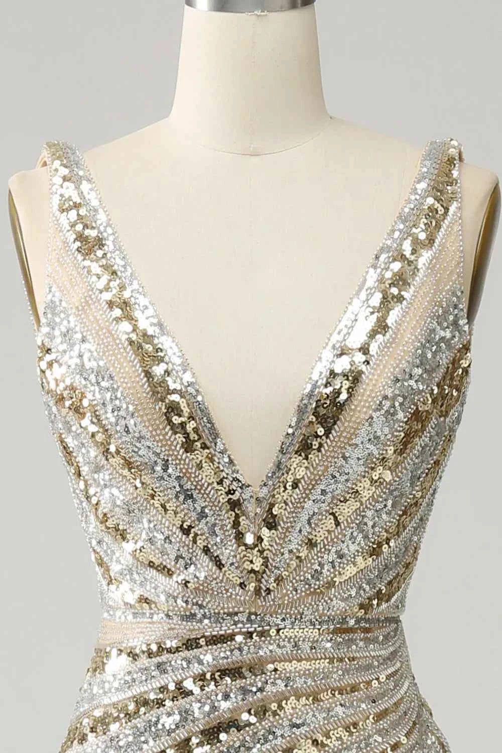Sparkly Golden Mermaid Deep V-Neck Sequins Long Prom Dress
