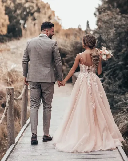 Modern Long A Line Spaghetti Straps Wedding Dress with Tulle Lace