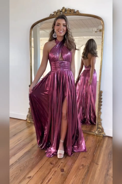 Metallic Blush Halter Neck A-Line Pleated Long Prom Dress with Slit