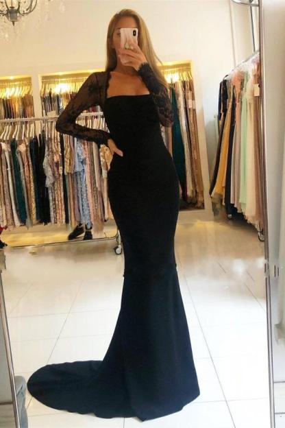 Bmbridal Long Sleeves Black Mermaid Prom Dress Long With Lace