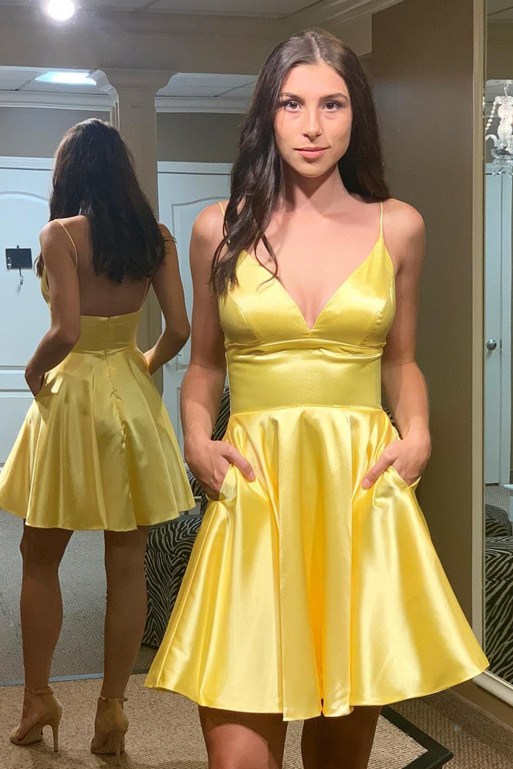 Simple A-Line Yellow Homecoming Dress with Pockets-BMbridal