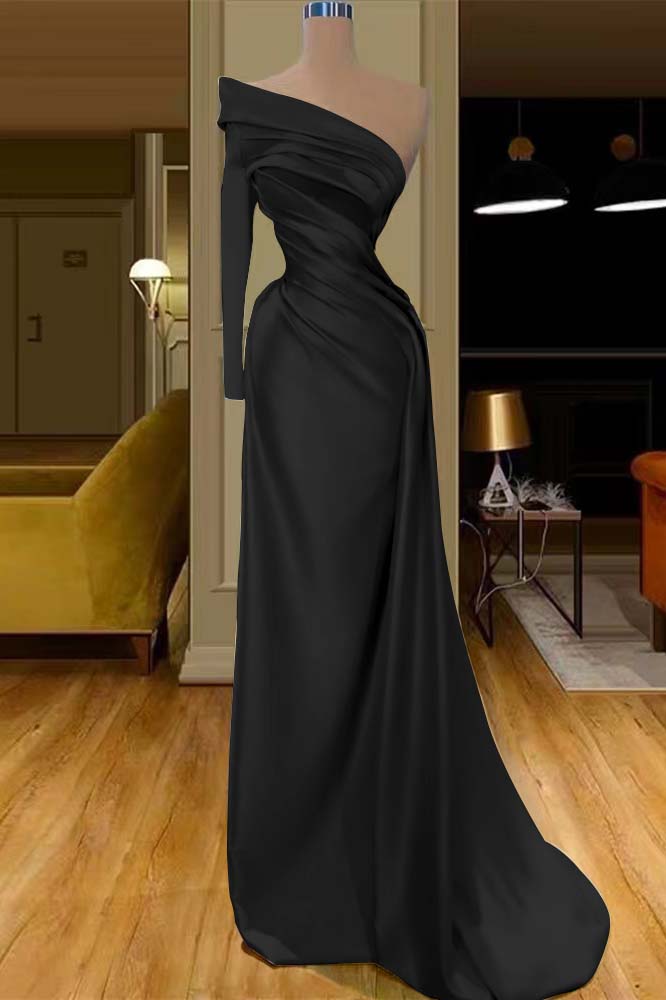 Glamorous One Shoulder Champagne Long Sleeve Prom Dress Mermaid With Pleated