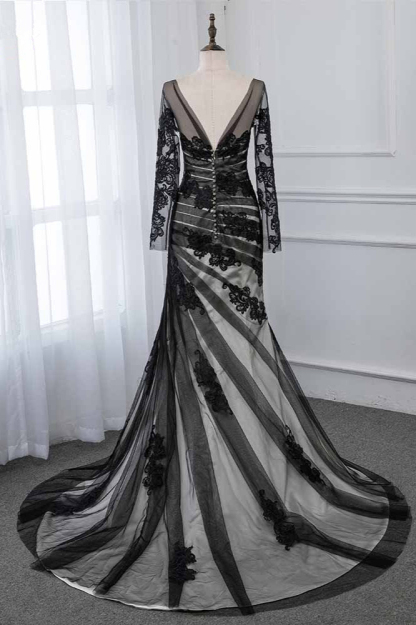 BMbridal Elegant Tulle Jewel Appliques Prom Dresses with Long Sleeves Online