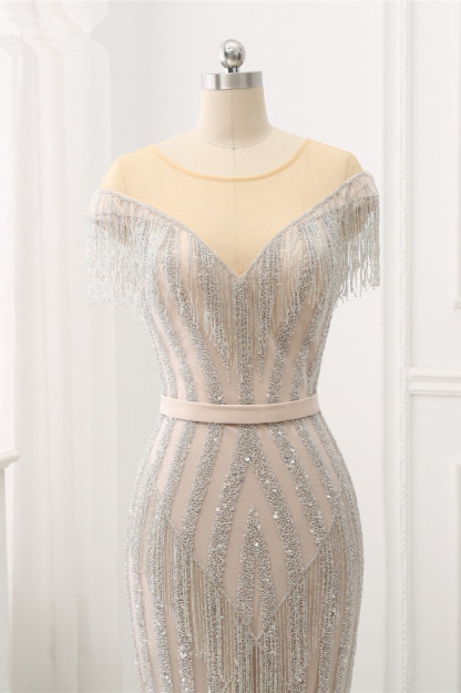 BMbridal Elegant Jewel Sleeves Silver Mermaid Prom Dresses with Rhinestone