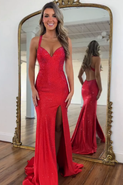 Sparkly Red Mermaid Halter Backless Long Beaded Prom Dress with Slit