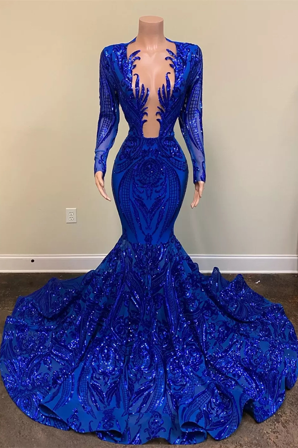 Bmbridal Long Sleeves Royal Blue Prom Dress Mermaid Sequins V-Neck
