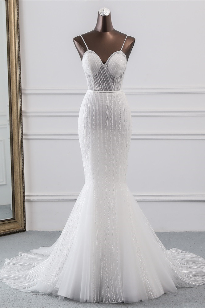 BMbridal Sexy Tulle Spaghetti Straps Mermaid White Wedding Dresses with Rhinestones Online