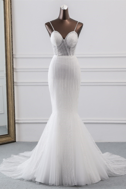 BMbridal Sexy Tulle Spaghetti Straps Mermaid White Wedding Dresses with Rhinestones Online