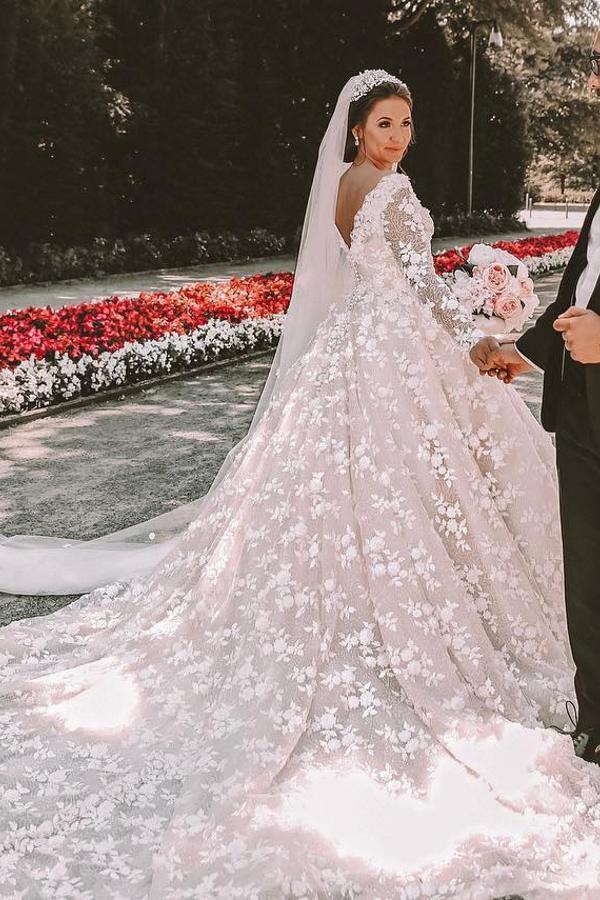 Bmbridal Long Sleeves V-Neck Ball Gown Wedding Dress With Appliques-BMbridal
