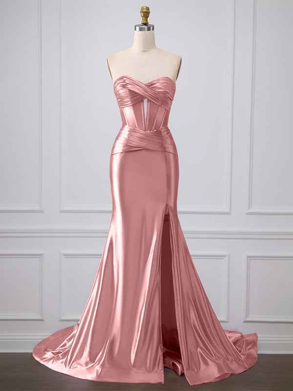 Purple Mermaid Strapless Sweetheart Corset Long Prom Dress with Slit