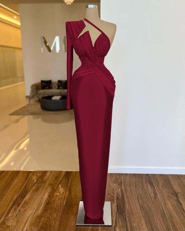 Long Sleeve One Shoulder Long Prom Dress With Pleated Appliques