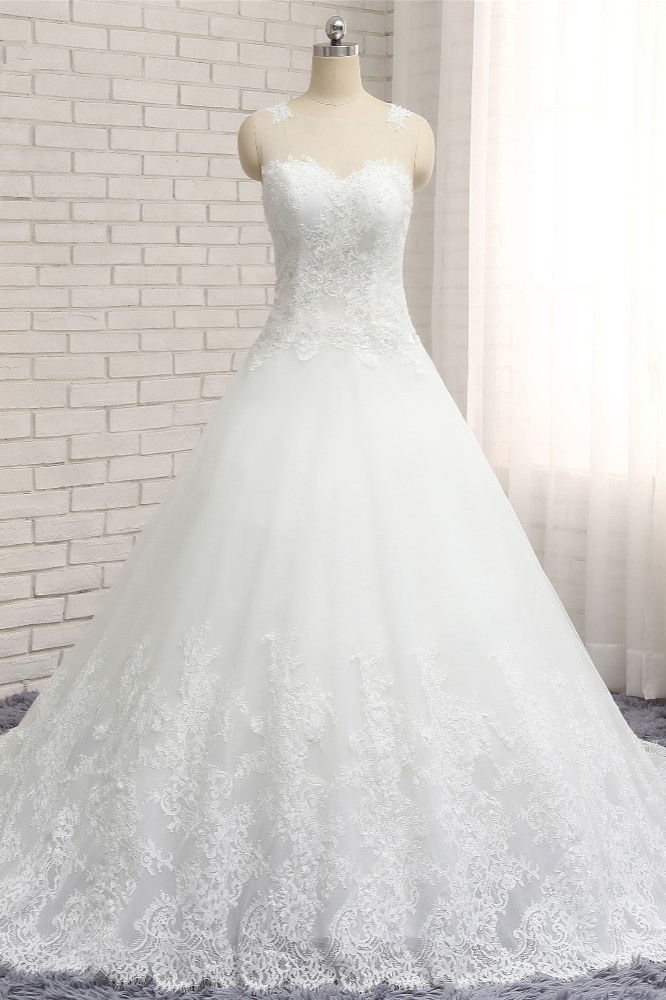 BMbridal Glamorous Straps Jewel Sleeveless Wedding Dresses A line White Tulle Bridal Gowns With Appliques On Sale-BMbridal