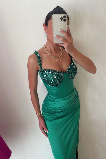 Elegant Mermaid Spaghetti Straps Sleeveless Appliques Satin Green Prom Dresses