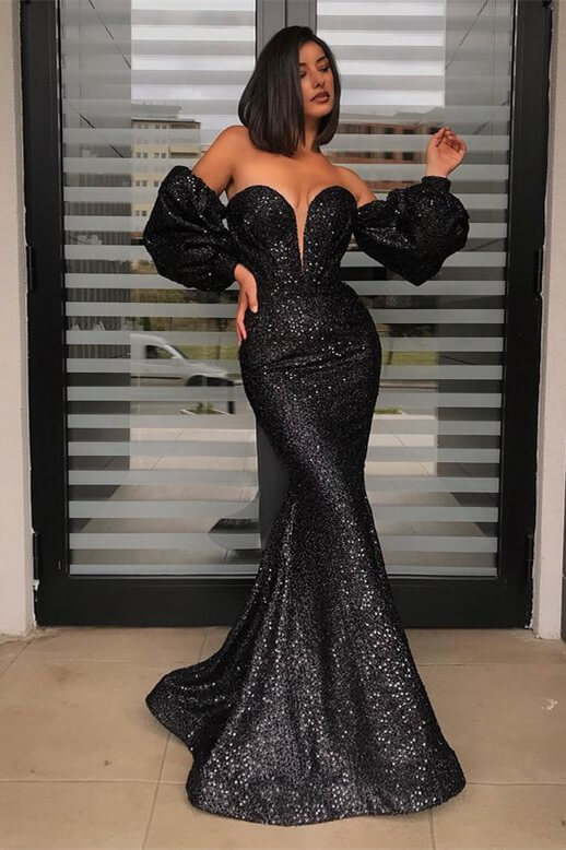 Bmbridal Black Sweetheart Mermaid Prom Dress With Sequins