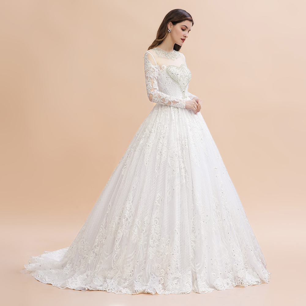 BMbridal Glamorous Jewel Tulle Lace Wedding Dress Long Sleeves Appliques Beadings Bridal Gowns Online-BMbridal