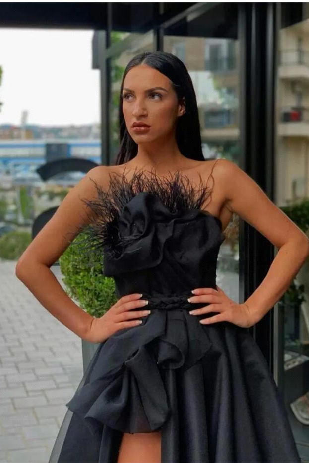Strapless Sleeveless Long Black A Line Prom Dress High Split With Feather