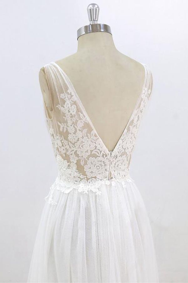 BMbridal Sexy V-neck Sleeveless Straps Wedding Dresses White Tulle Ruffles Lace Bridal Gowns Online