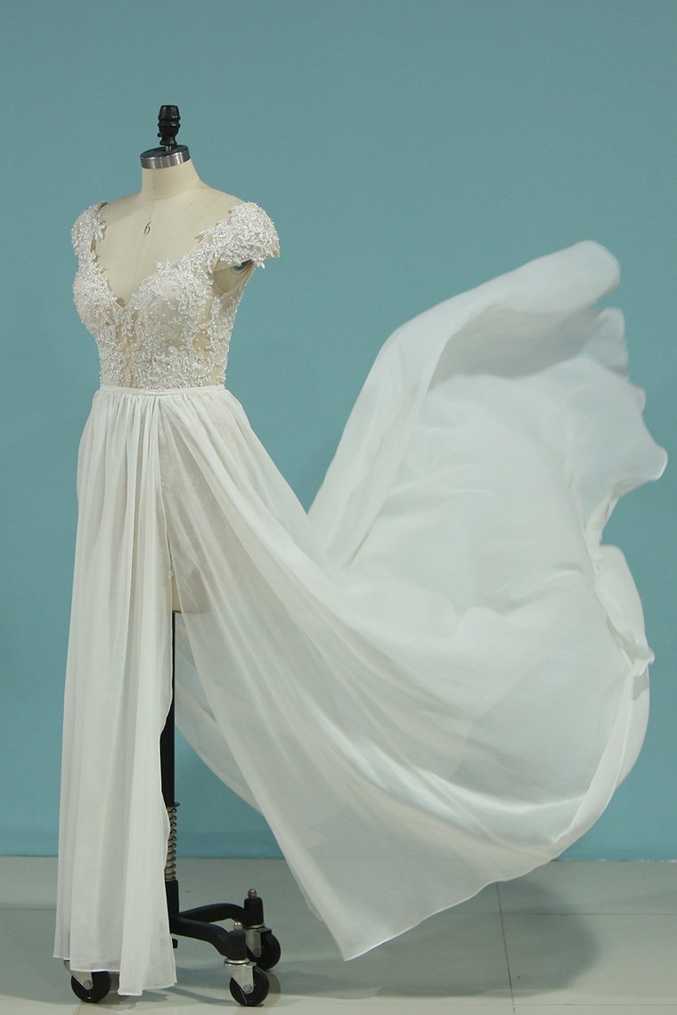 BMbridal Simple Chiffon Ruffles Lace Wedding Dress Appliques Cap Sleeves V-neck Beadings Bridal Gowns On Sale-BMbridal