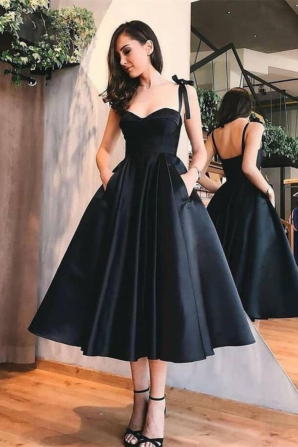 Sweetheart Black A Line Spaghetti Strap Tea Length Evening Dress With Pockets