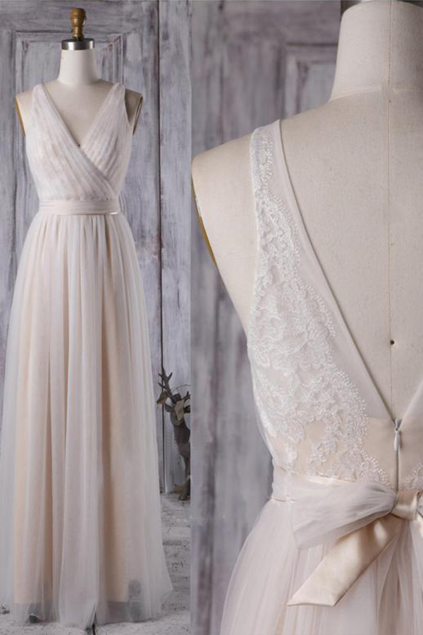 BMbridal Chic Tulle Lace Wedding Dress Ruffle V-neck Sleeveless Bridal Gowns On Sale-BMbridal