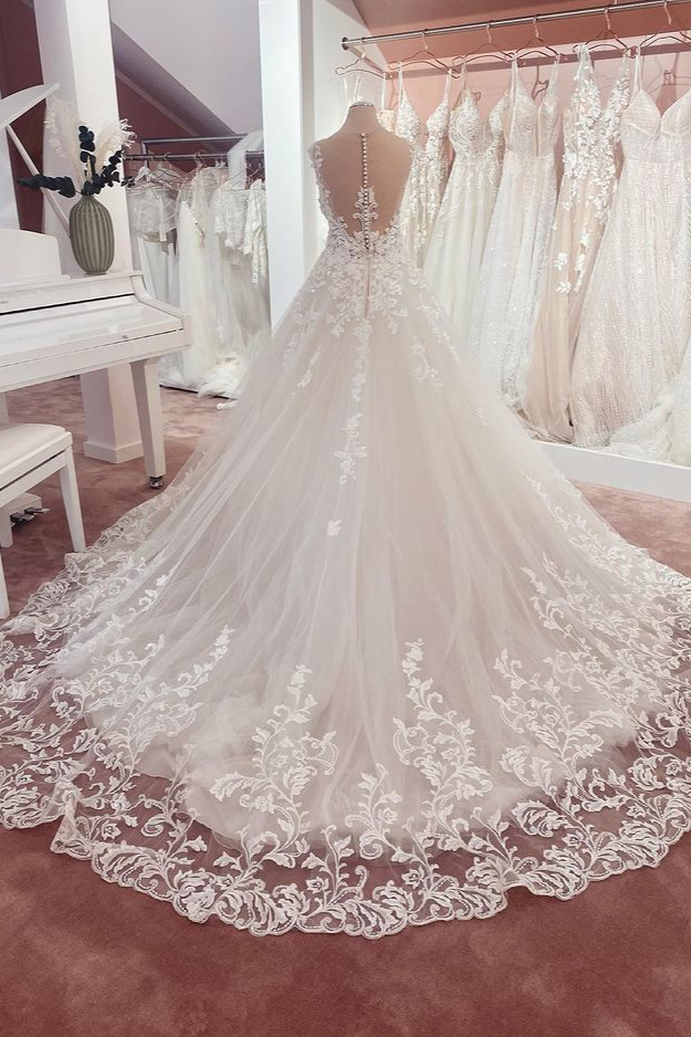 BMbridal Lace Cap Sleeve Wedding Dress Princess Bridal Gown-BMbridal