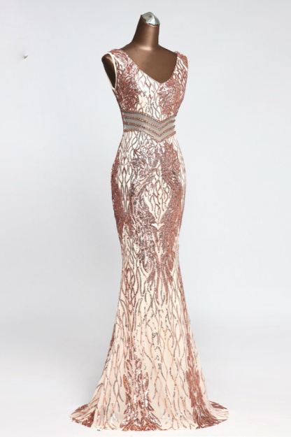 BMbridal Sparkly Sequined Sleeveless Mermaid Pink Long Prom Dresses with Beadings