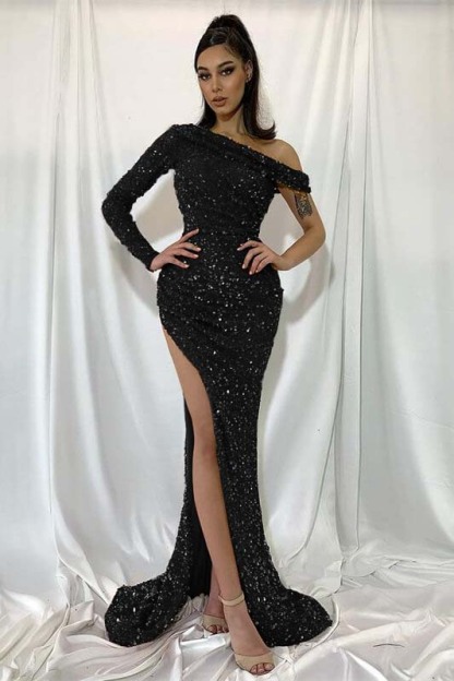 Sequins Mermaid Red One Shoulder Long Sleeve Long Prom Dress With Split