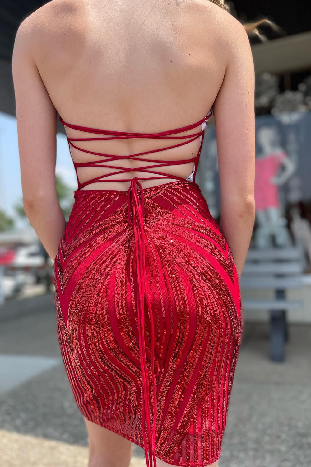 Sparkly Red Sweetheart Lace-Up Back Tight Short Homecoming Dress-BMbridal